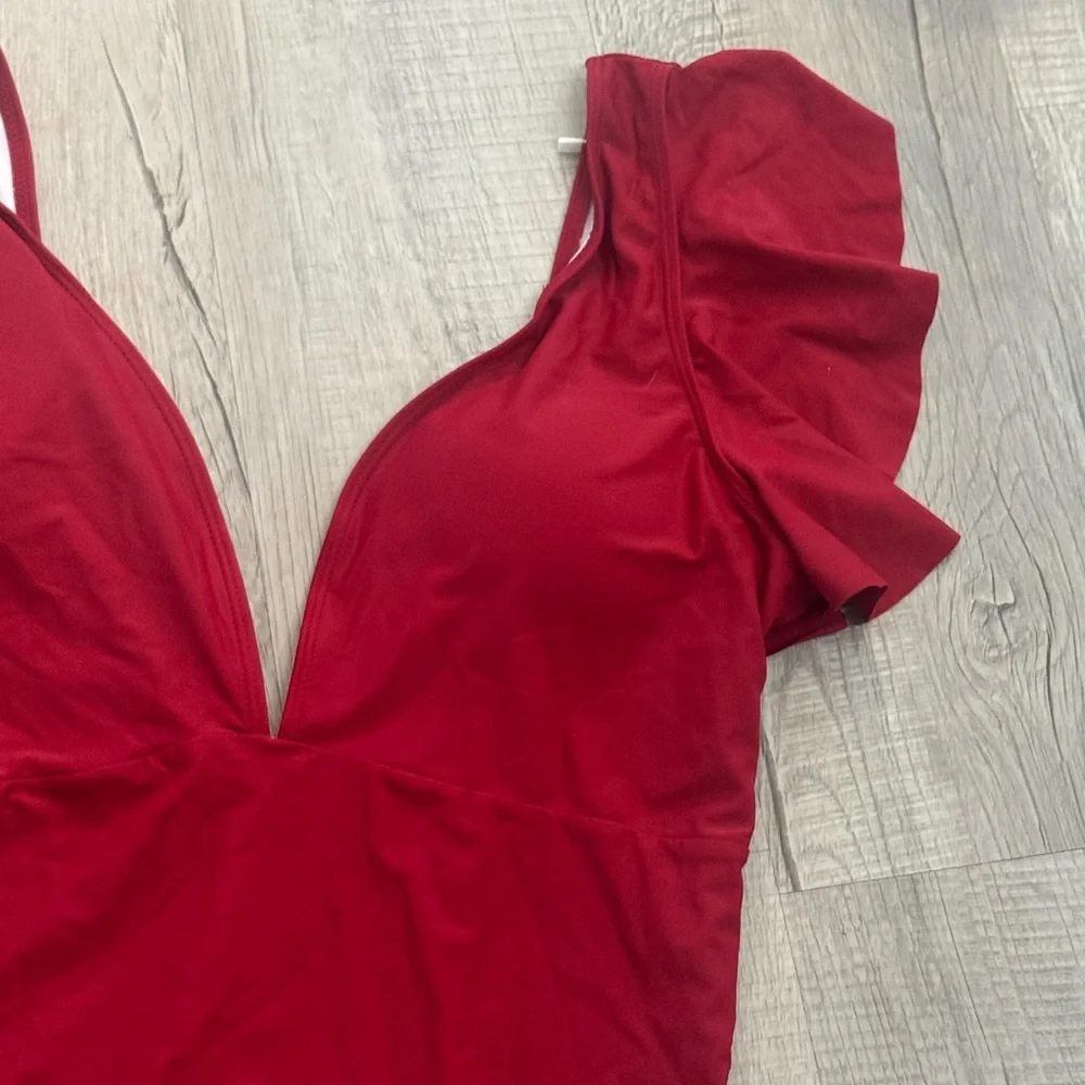 Sleek Red One Piece Swimsuit with Plunging V-Neckline